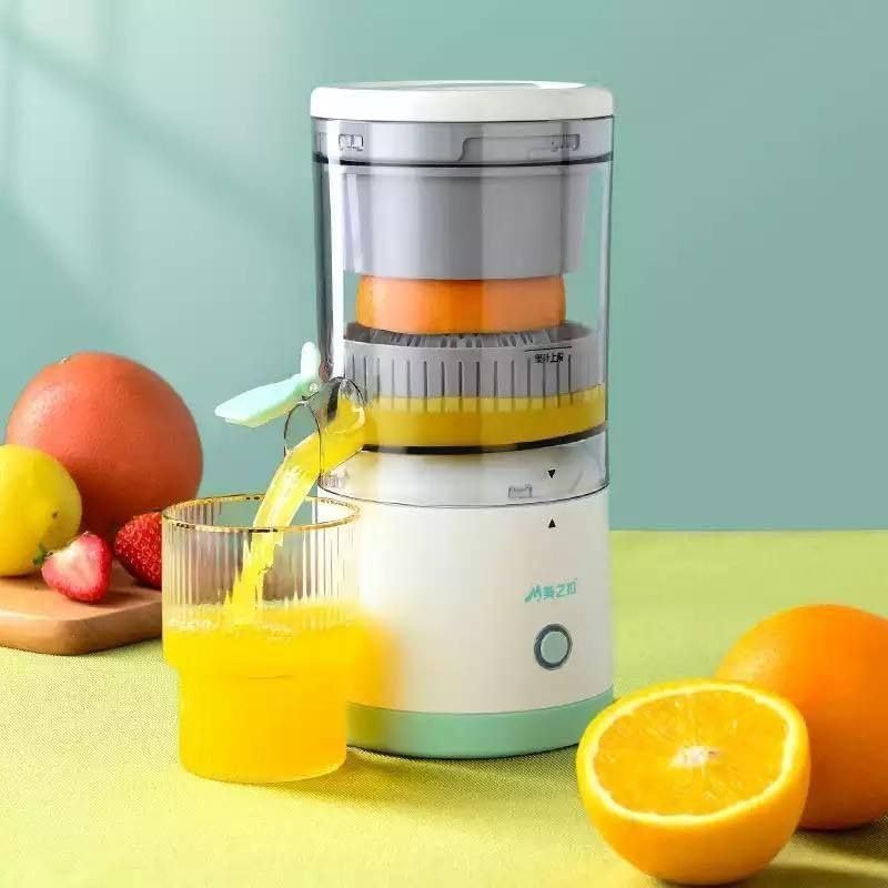 Juicer pouring orange juice into a glass with fruits on a light green background