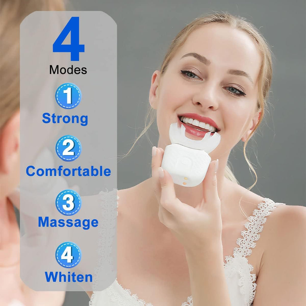 Woman using a dental care product with mode options displayed.