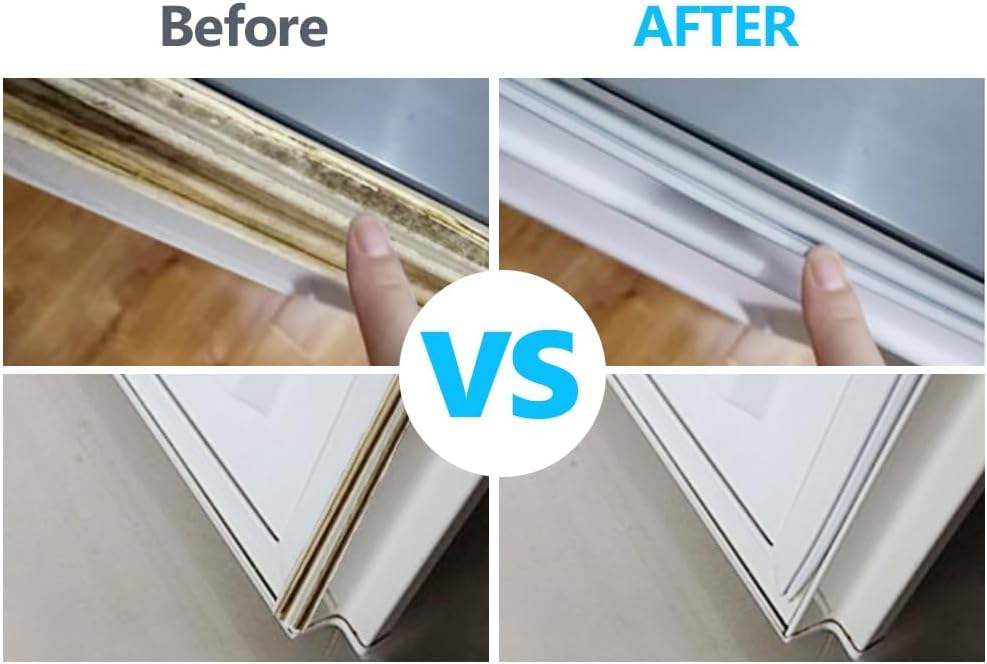 Before and after comparison of a window seal with a hand holding it open.