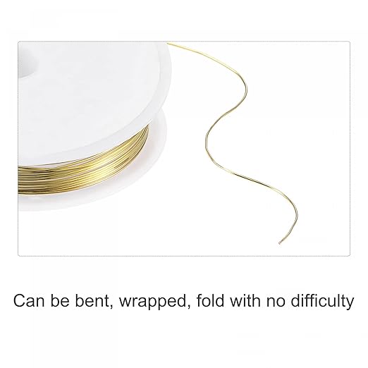 A spool of thin metallic gold wire with a single strand extending outward, shown on a white background with text below stating 'Can be bent, wrapped, fold with no difficulty'.