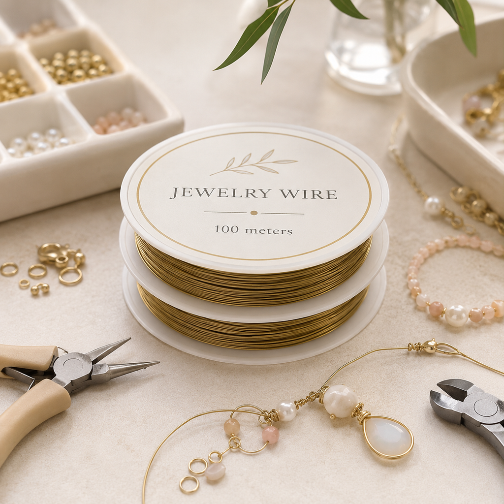 A spool of gold jewelry wire with a white label reading 'JEWELRY WIRE 100 meters' sits on a light beige surface, surrounded by jewelry-making tools, beads, and a pearl-and-gold charm in a styled flat-lay arrangement.