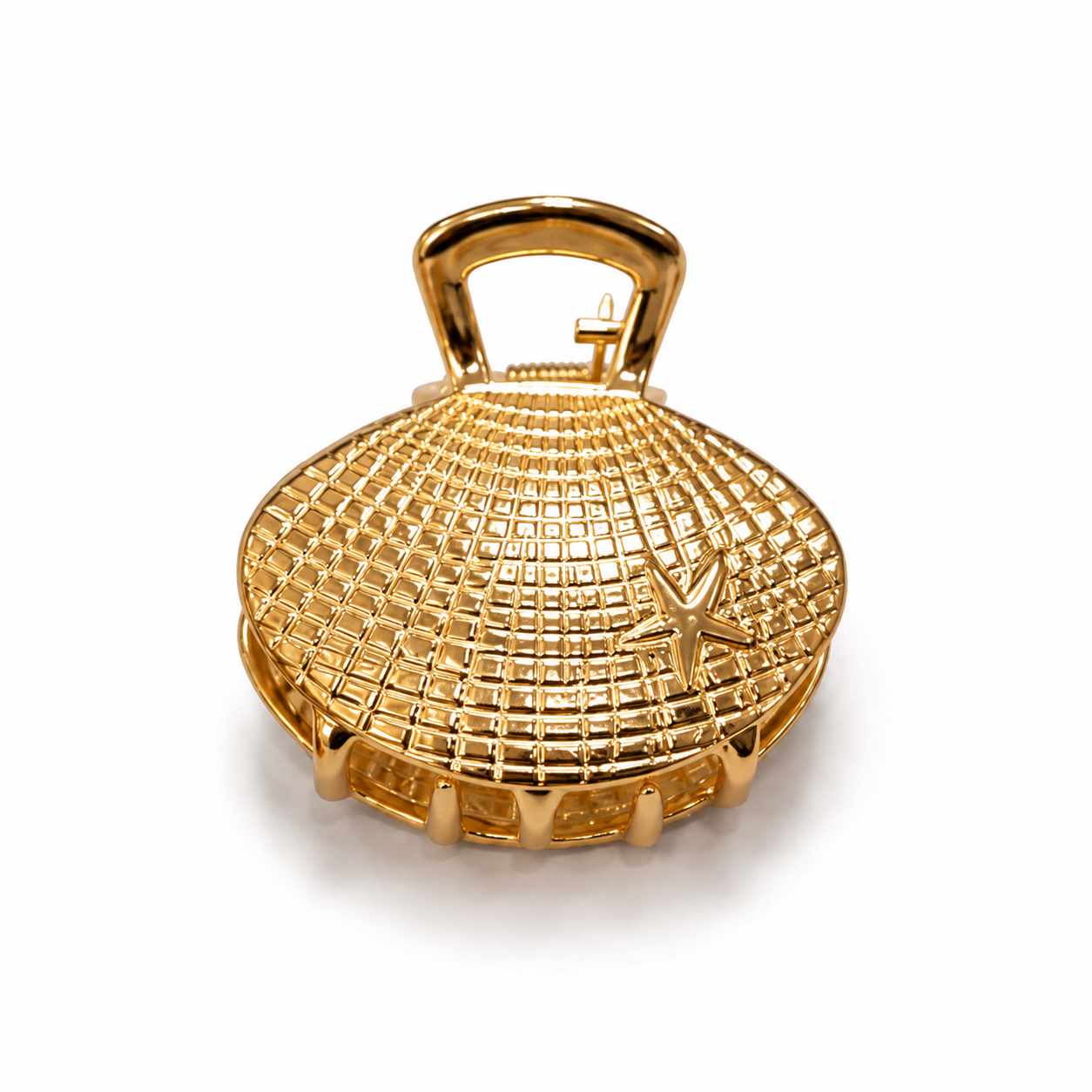 A gold-toned, dome-shaped clutch purse with a textured grid pattern, a top handle, and a small starfish detail on the front, set against a plain white background.