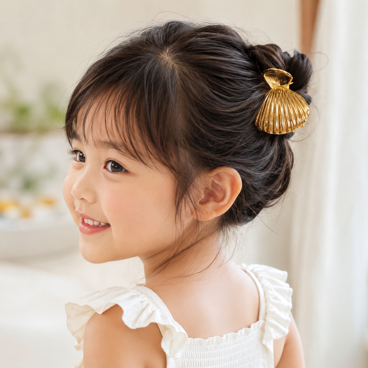 A young girl with dark hair styled in a half-up bun with a shiny gold shell-shaped hair clip, wearing a white ruffled top in a bright indoor setting.