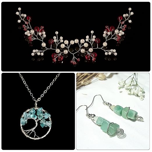 Three jewelry products shown in a collage: a silver floral branch headpiece with red and white beads on black, a silver tree-of-life pendant necklace with blue stones on black, and a pair of silver dangle earrings with light green beads on a white background.