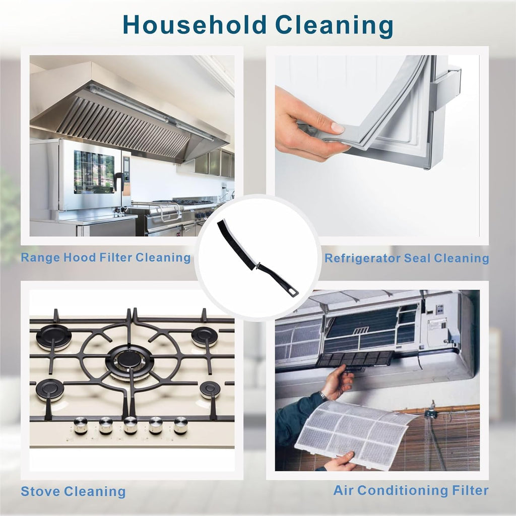 Collage of household cleaning tasks including range hood filter, refrigerator seal, stove, and air conditioning filter cleaning.