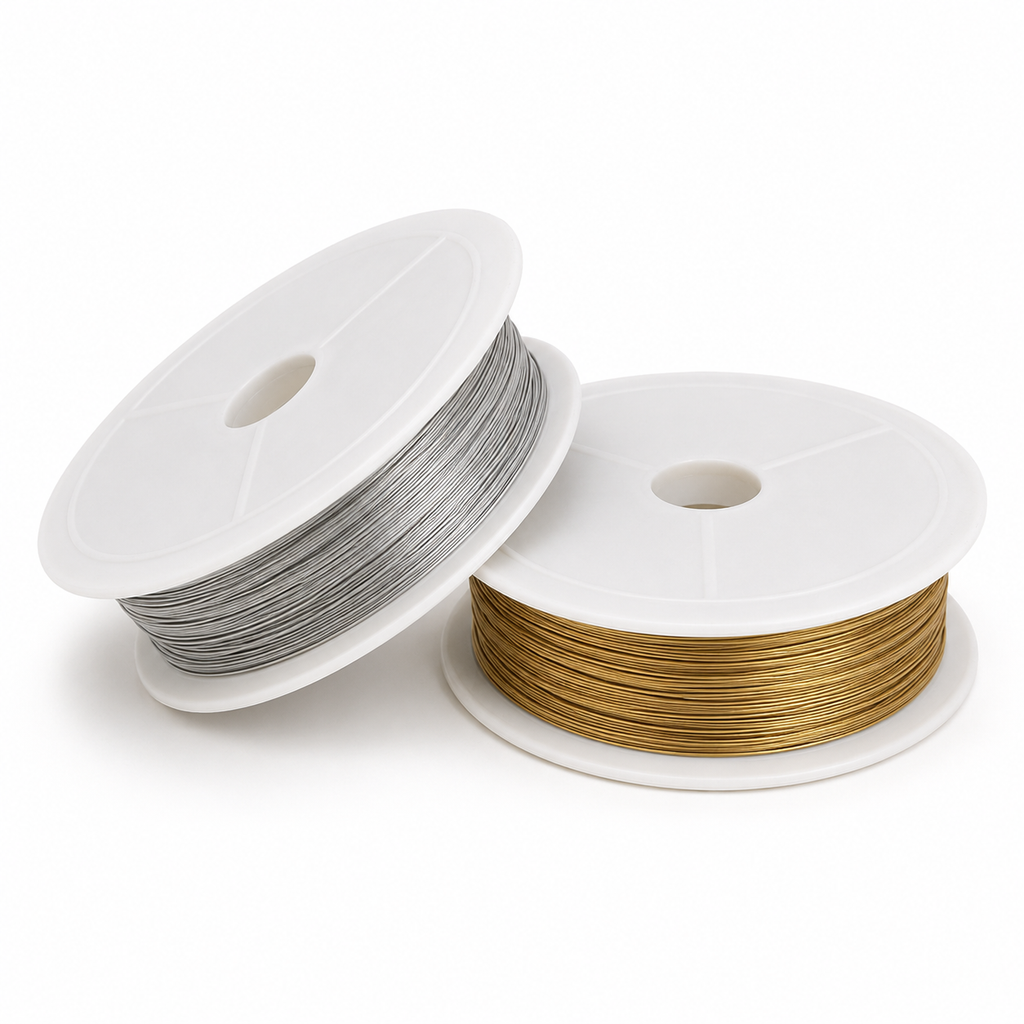 Two spools of 3D printing filament on white plastic reels, one wound with silver filament and the other with gold filament, shown on a clean white background.