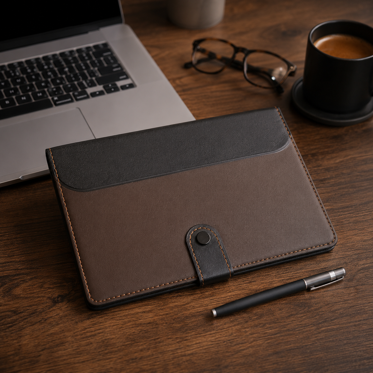 A brown and black leather document sleeve or notebook cover with a snap-button strap, placed on a wooden desk next to a laptop, eyeglasses, a coffee cup, and a pen.