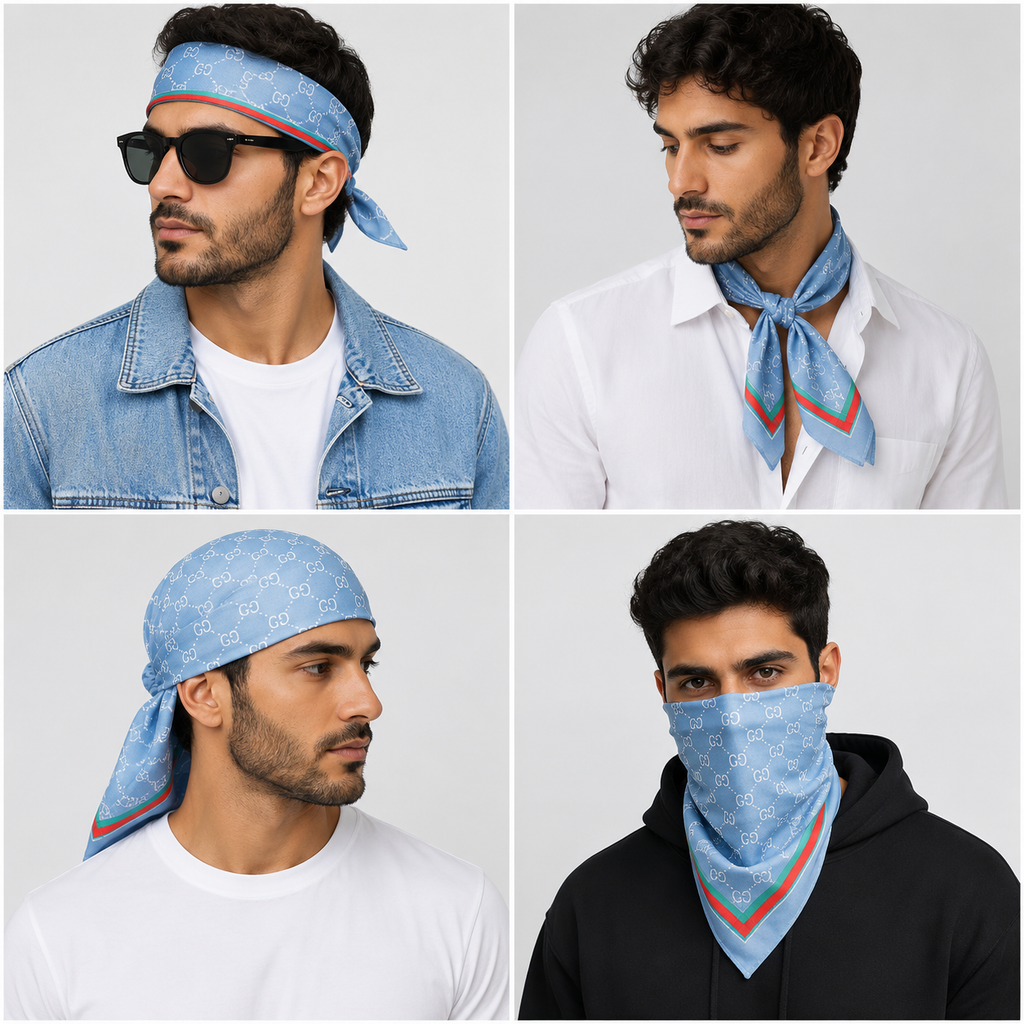 A four-panel collage showing a men's light blue patterned neck scarf and matching headband worn by models in different outfits and styling contexts against a light gray background.