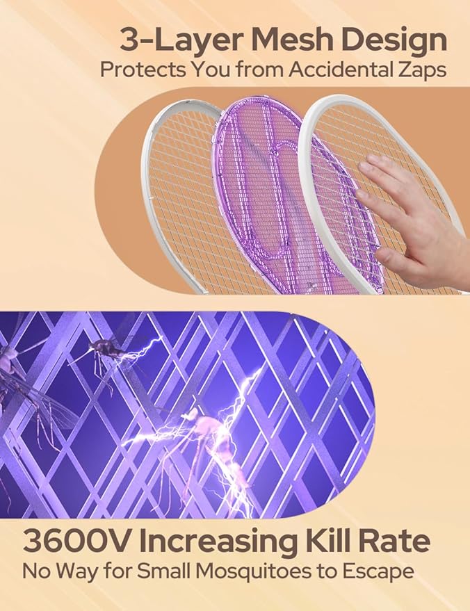 An informational product graphic for an electric mosquito trap racket. The top half shows a hand holding two overlapping white-framed rackets with purple mesh screens, with text reading '3-Layer Mesh Design Protects You from Accidental Zaps.