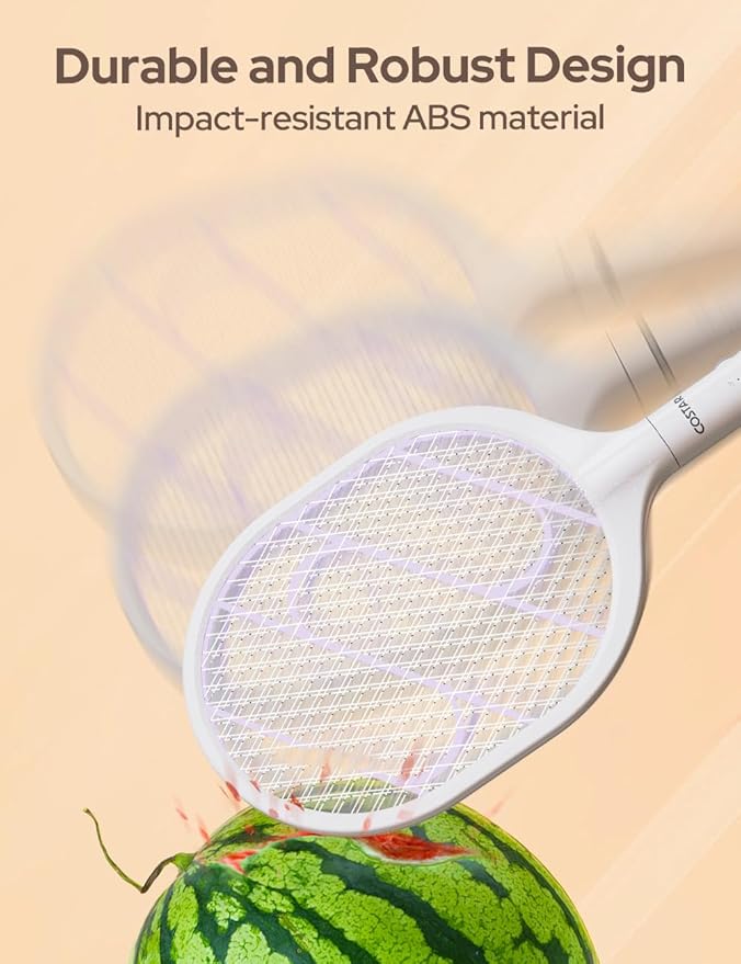A white electric mosquito trap racket shown above a watermelon, with promotional text reading 'Durable and Robust Design' and 'Impact-resistant ABS material' on a warm beige background.