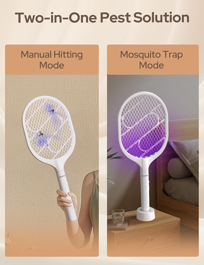 A promotional graphic for a two-in-one pest solution showing a white electric mosquito trap racket in two modes: Manual Hitting Mode on the left, held by a person's hand, and Mosquito Trap Mode on the right, glowing purple in a bedroom setting. The text 'Two-in-One Pest Solution' is displayed at the top.