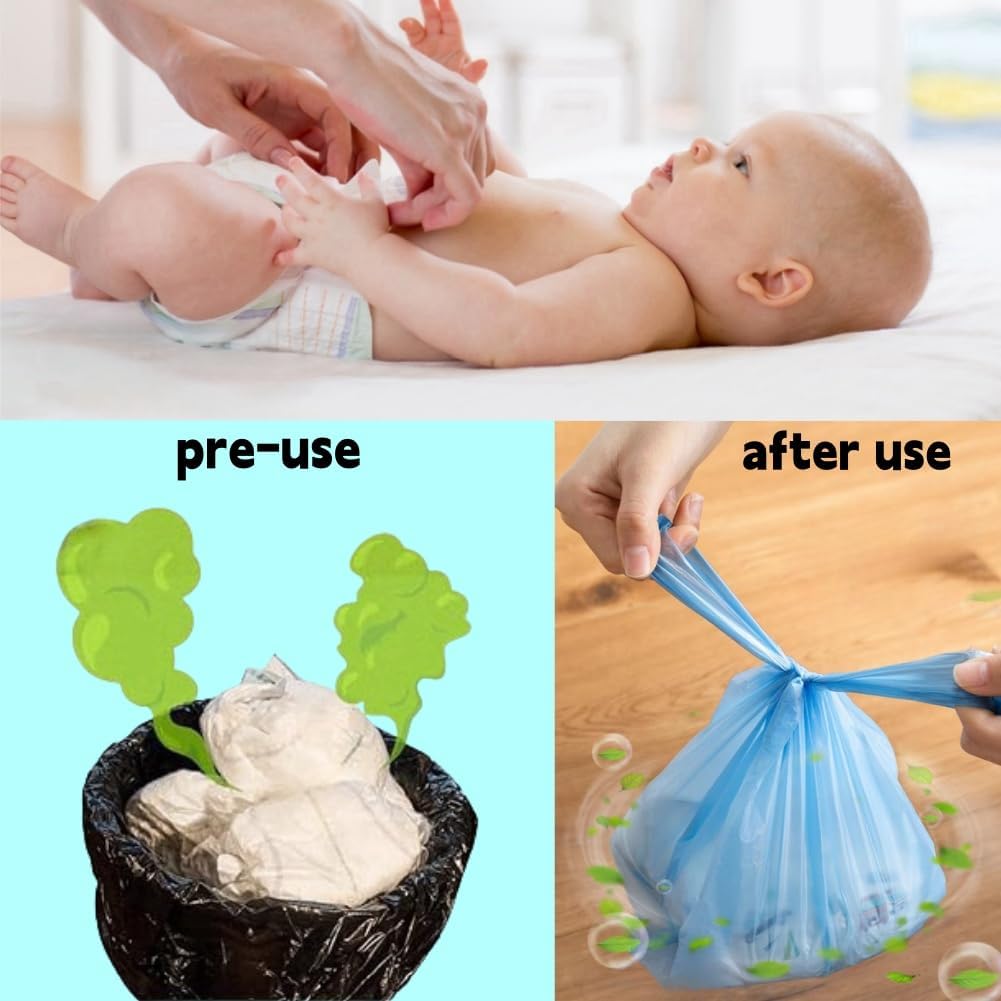 A three-panel collage demonstrating baby diaper protection and waste disposal. The top panel shows a baby lying on a white surface while an adult applies a clear plastic cover to a diaper.