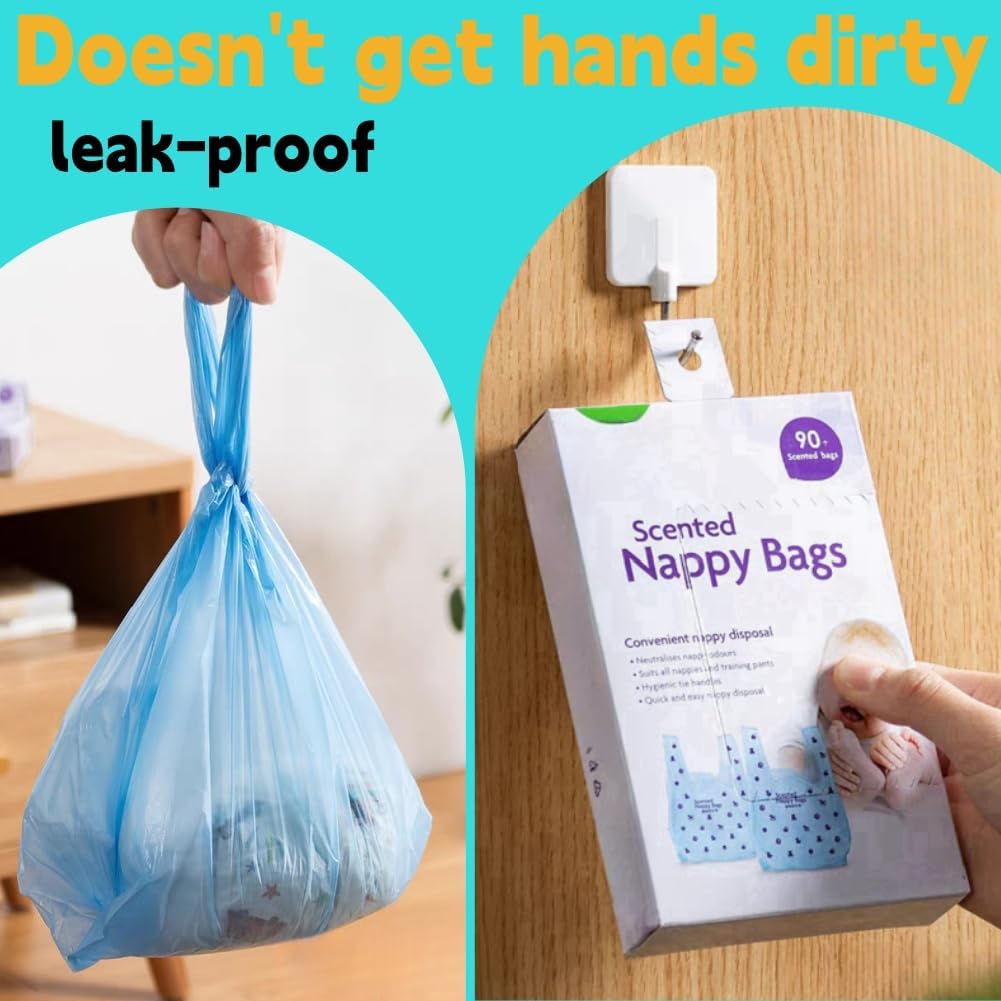 A collage showing leak-proof scented nappy bags: a hand holds a translucent blue bag on the left, and a hand holds a box of nappy bags on the right with a wall hook attached. Large text at the top reads 'Doesn't get hands dirty leak-proof'.