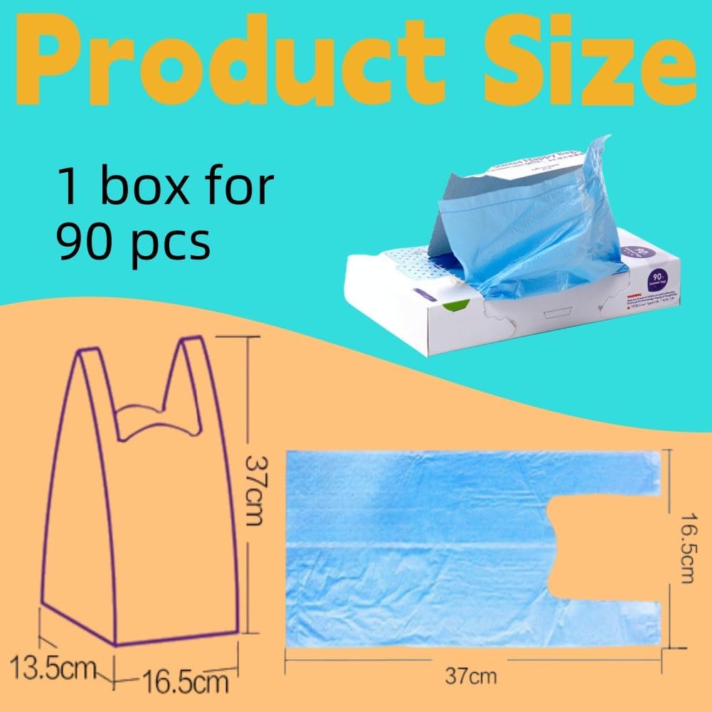 Product size diagram for a box of blue plastic shopping bag liners, showing a package with a liner being pulled out, a bag outline with dimensions 37cm by 16.5cm, and a flat liner view with dimensions 37cm by 16.