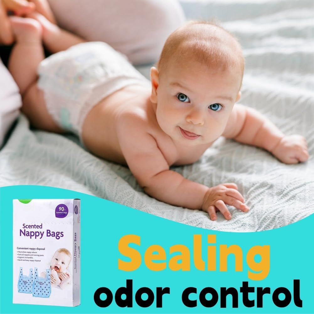 A baby lying on a light gray blanket wearing a diaper, with a package of scented nappy bags shown in the lower left and large text reading 'Sealing odor control' on a turquoise banner.
