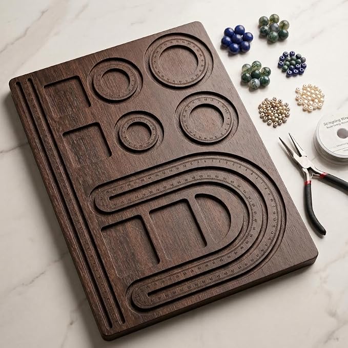 A dark brown wooden beadboard with carved tracks and circular guides, shown on a light marble surface with beads, pearl wire, and pliers nearby.