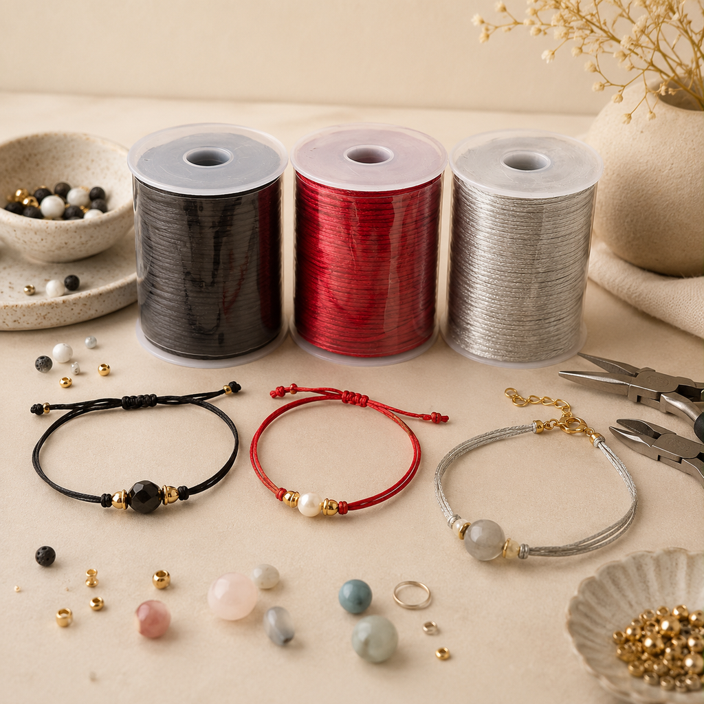 Three spools of cord in black, red, and silver are arranged on a beige surface with handmade cord bracelets and loose beads around them. Small tools, bowls of beads, and a decorative vase are visible in a styled studio setup.