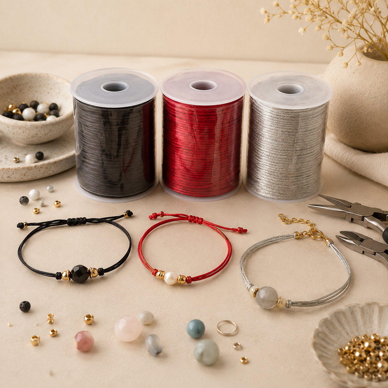 Three spools of cord in black, red, and silver are arranged on a beige surface with handmade cord bracelets and loose beads around them. Small tools, bowls of beads, and a decorative vase are visible in a styled studio setup.