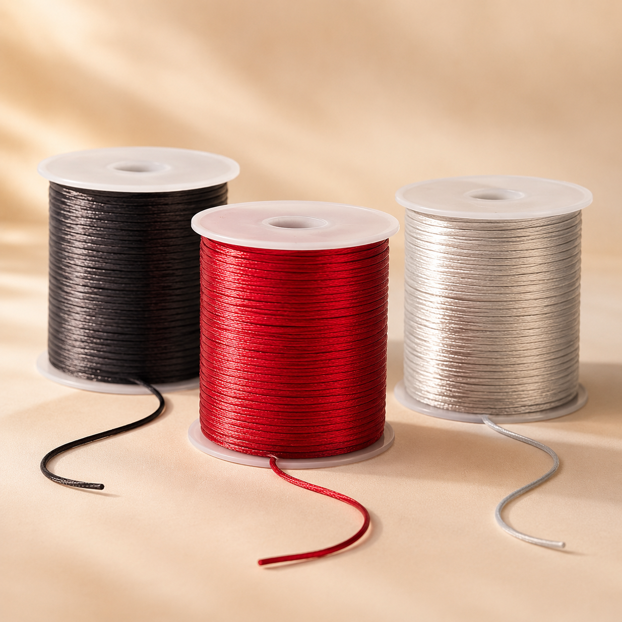 Three spools of thin cord or thread in black, red, and silver, arranged on a warm beige background with soft shadows.