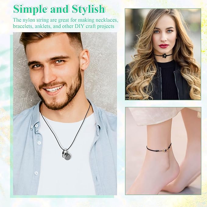 Collage of a man, woman, and close-up of a person wearing necklaces and an anklet with text about nylon string projects.