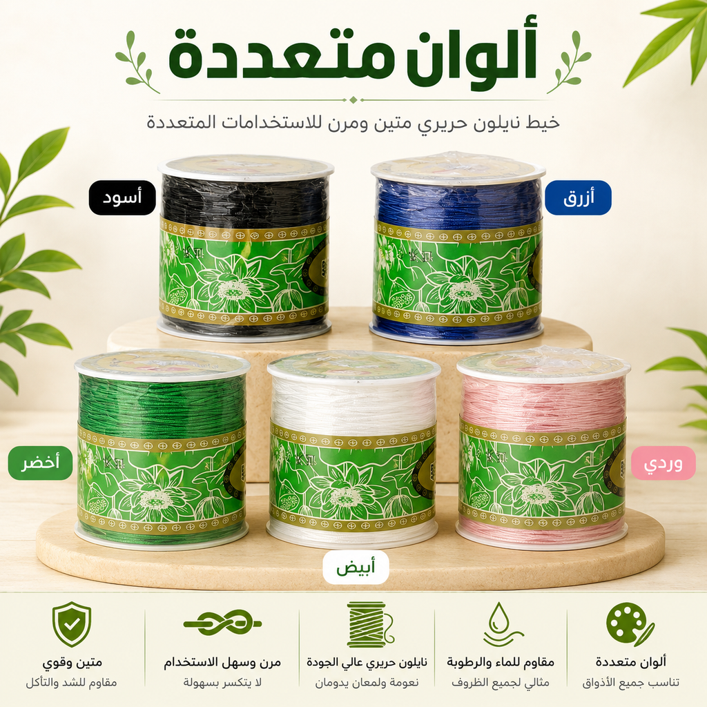 Six spools of embroidery thread in assorted colors are displayed on a wooden stand against a light beige background with decorative leaves. Arabic text labels each thread color, and a feature banner at the bottom lists product benefits.