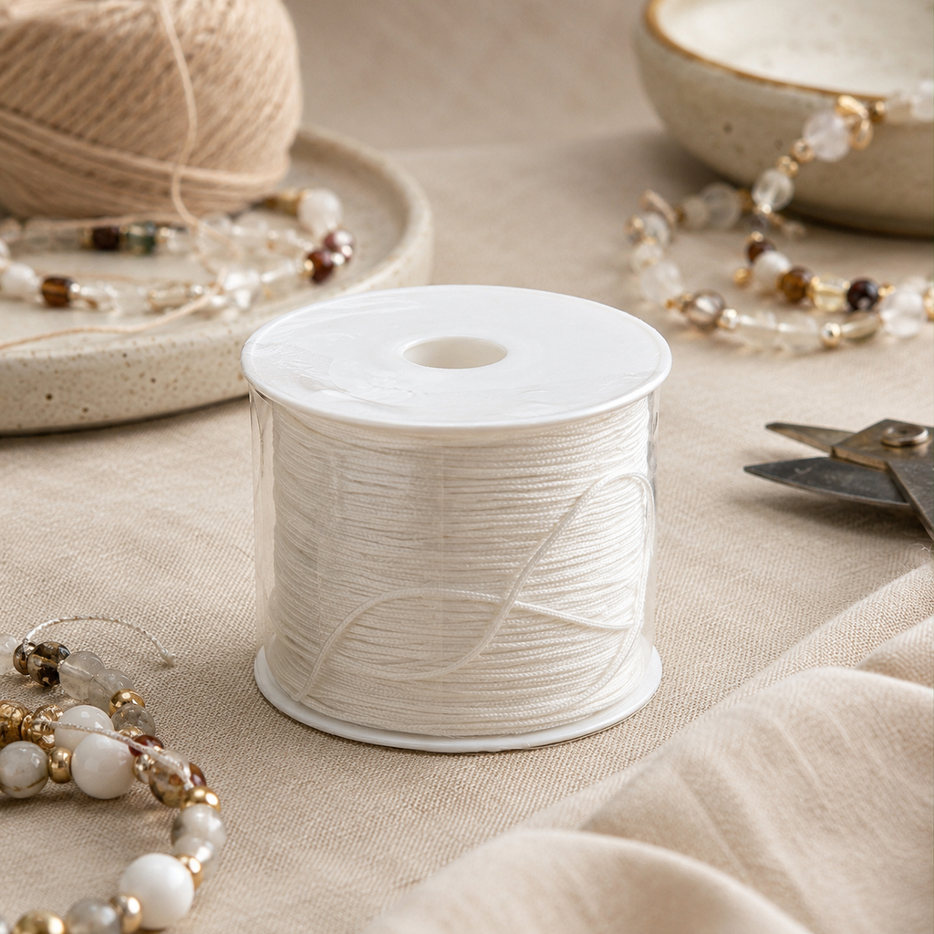 A spool of white cord or thread sits on a beige fabric surface, surrounded by crafting props including beads, a ball of twine, scissors, and ceramic dishes.