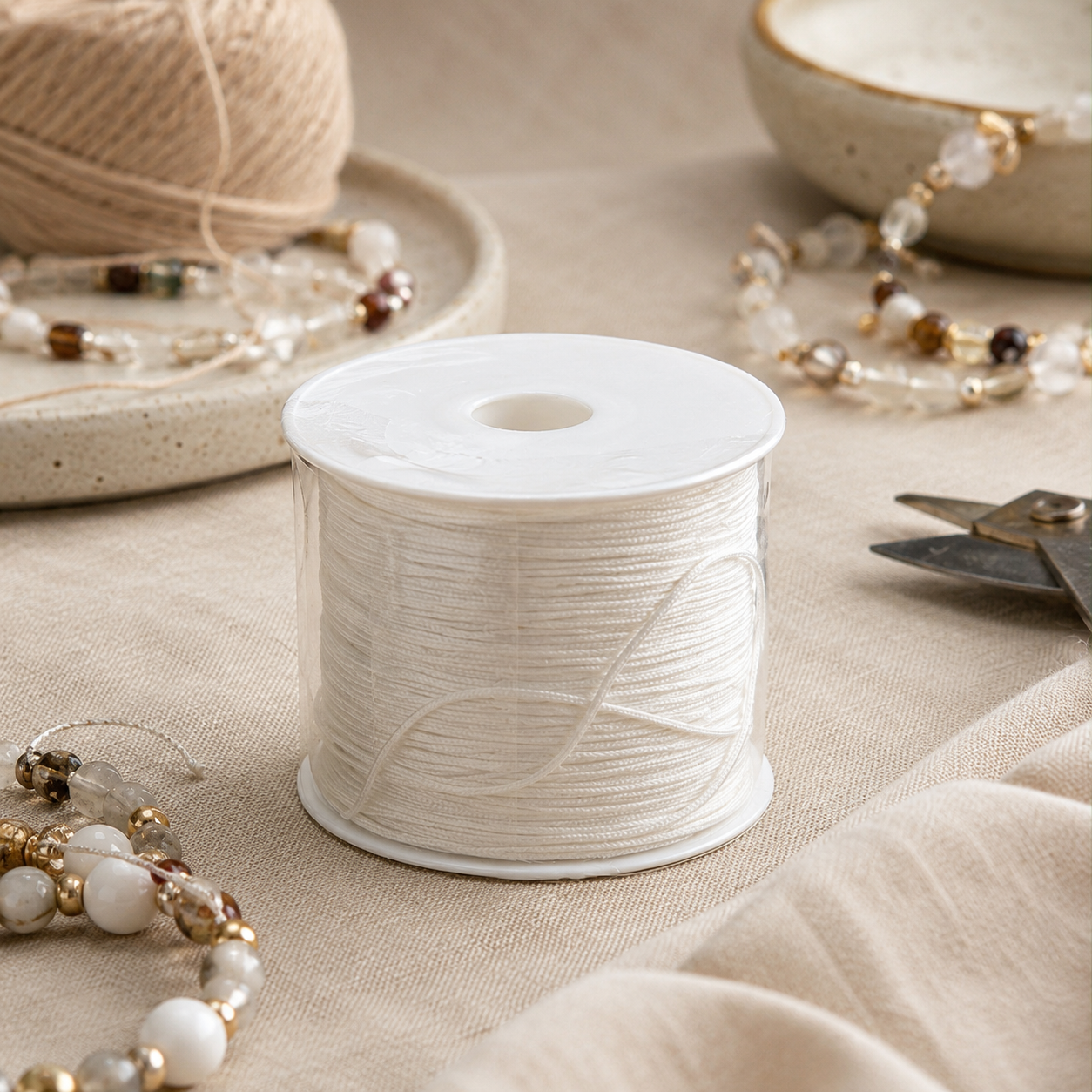 A spool of white cord or thread sits on a beige fabric surface, surrounded by crafting props including beads, a ball of twine, scissors, and ceramic dishes.