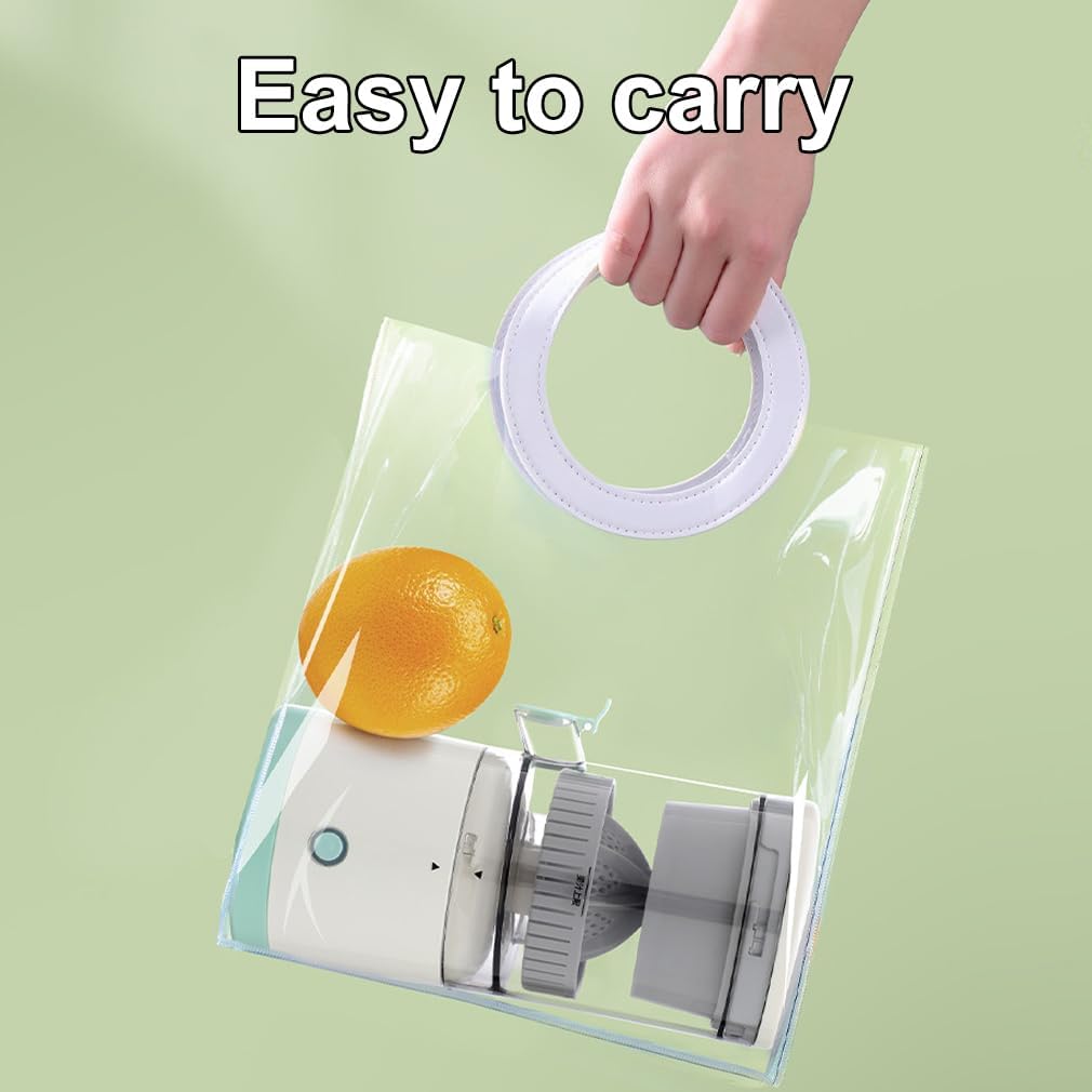 Clear handbag with a vacuum cleaner and orange inside, held by a hand against a light green background.