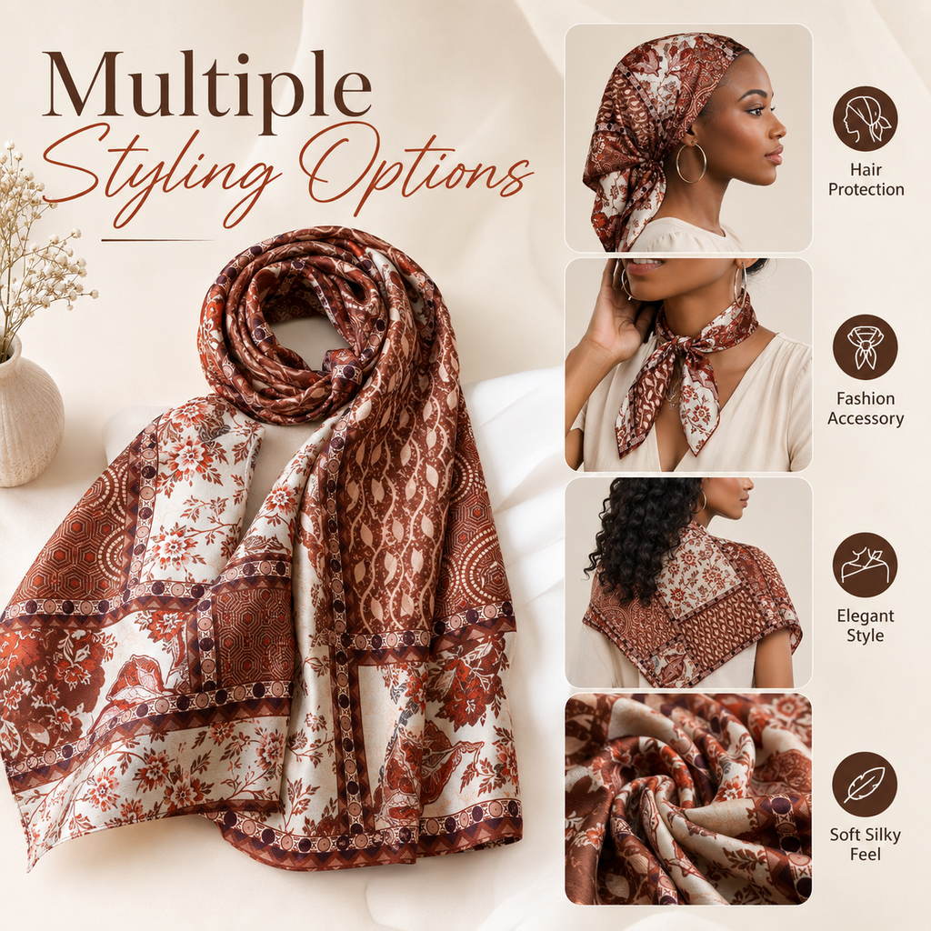 A patterned scarf shown in a styled collage with text reading 'Multiple Styling Options.' The main scarf is draped on the left, while the right side shows three inset photos of a woman wearing it as a headscarf, neck accessory, and shoulder wrap, plus a close-up of the fabric texture.