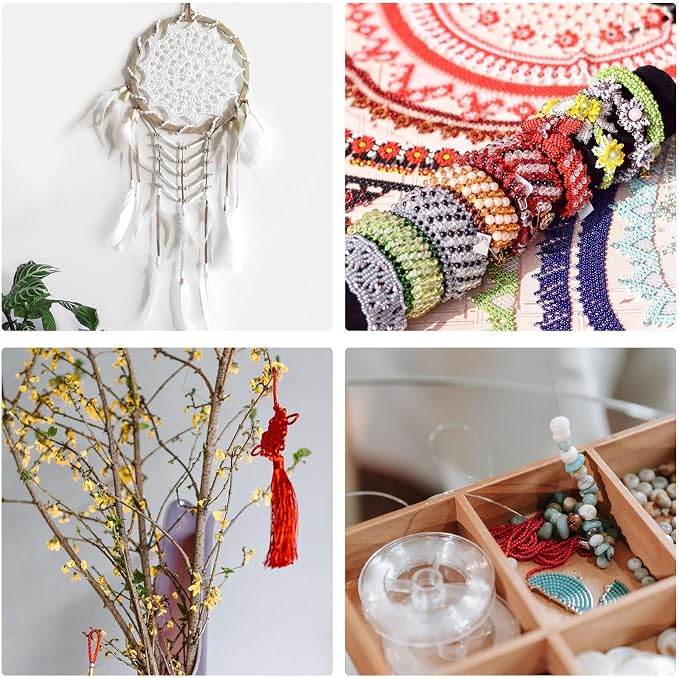 A four-panel collage showcasing handmade bohemian-style craft items: a white crochet dreamcatcher, colorful crocheted beads, yellow blossoms in a vase with a red tassel ornament, and a wooden bead organizer.