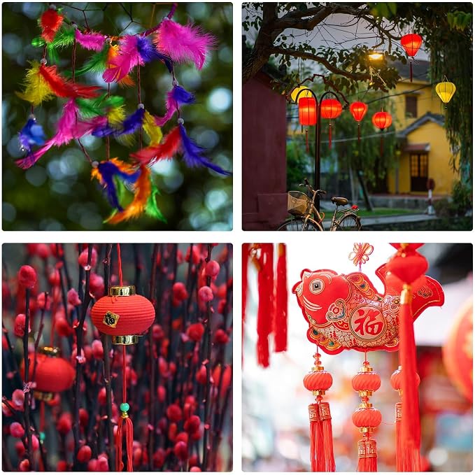 A four-panel collage showing festive Chinese decorations: colorful hanging feather ornaments, red lanterns strung between trees in an outdoor setting, red lanterns among pink blossoms, and a red fish-shaped hanging ornament with tassels.