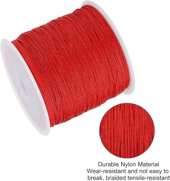 A spool of bright red braided nylon cord with a circular inset showing a close-up of the braided texture, on a white background with descriptive text at the bottom.