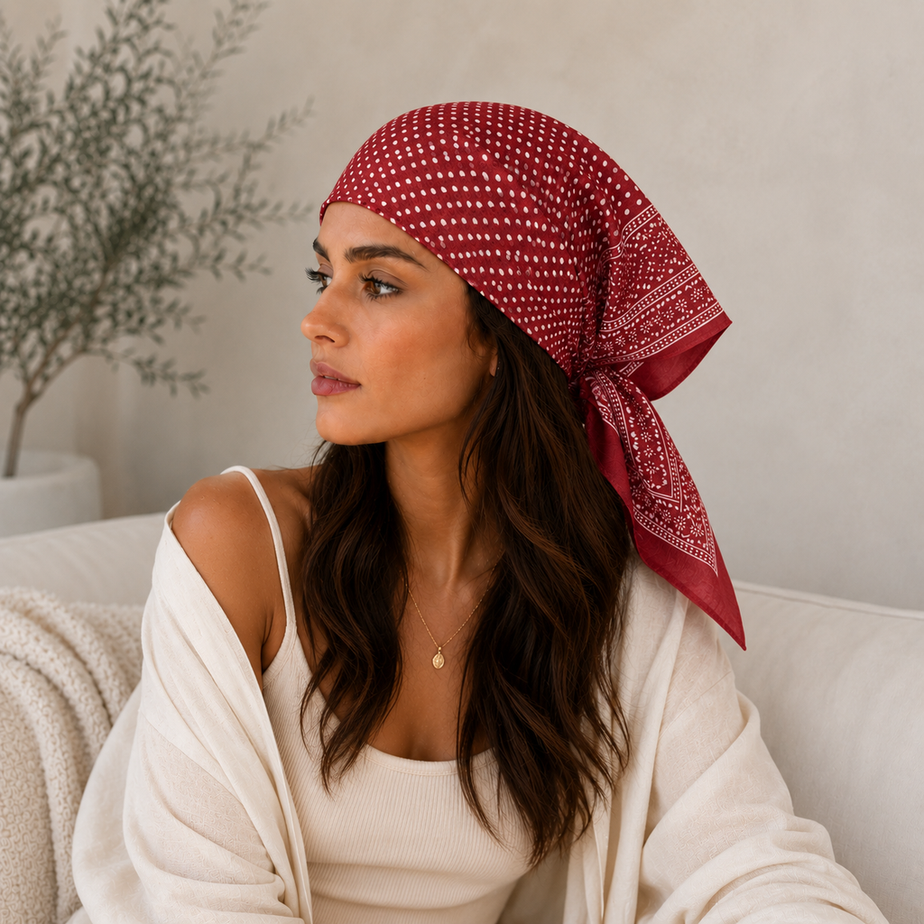 A woman wearing a red bandana headscarf with a white geometric pattern, styled in a cozy indoor setting with a cream knit cardigan.