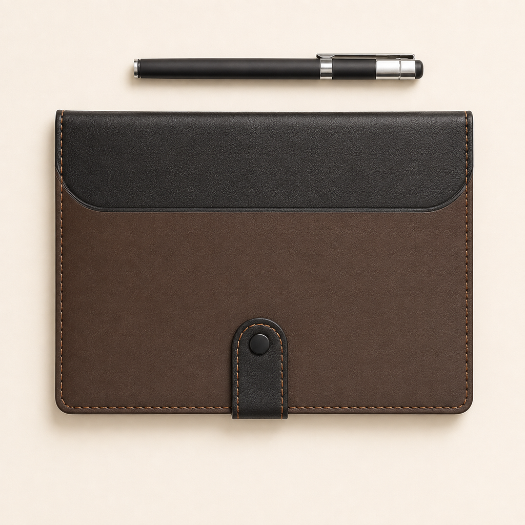 A brown and black leather card holder or document sleeve with a snap tab closure, shown flat on a light beige background with a black pen placed above it.