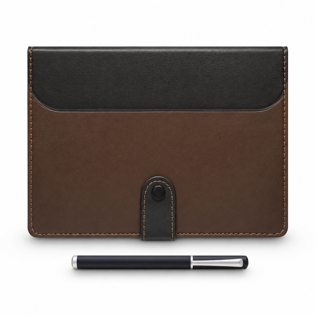 A brown and black faux-leather card holder or sleeve with a snap-button strap, shown on a white background with a black and silver pen placed in front for scale.