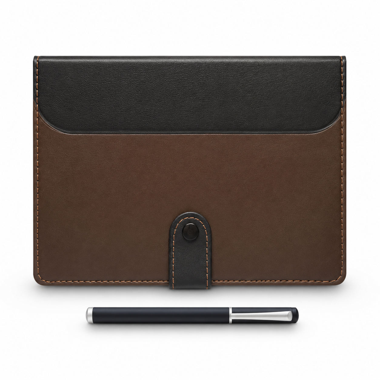 A brown and black faux-leather card holder or sleeve with a snap-button strap, shown on a white background with a black and silver pen placed in front for scale.