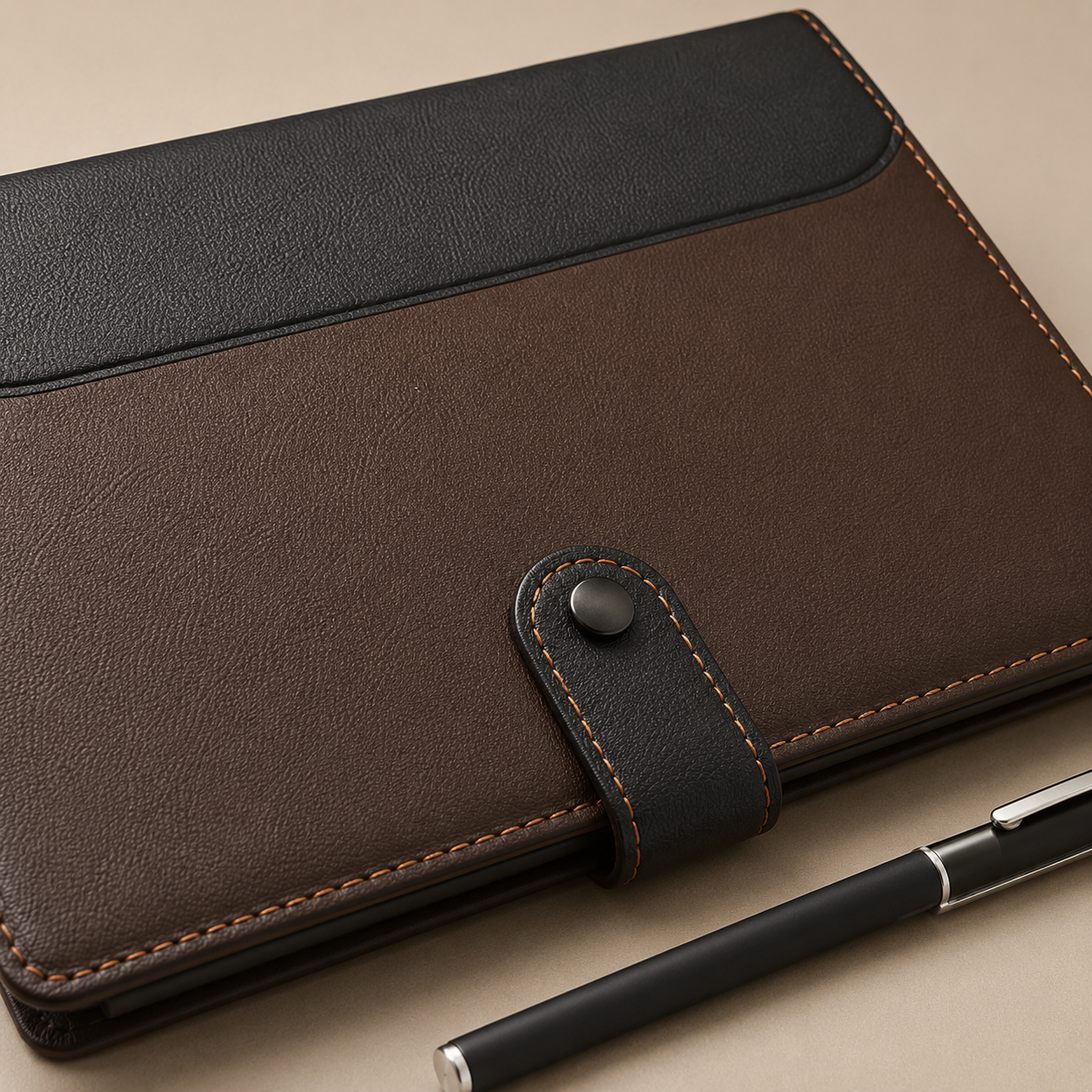 A brown and black faux leather document holder or notebook cover with a snap-button strap closure, shown on a beige background with a black pen partially visible.