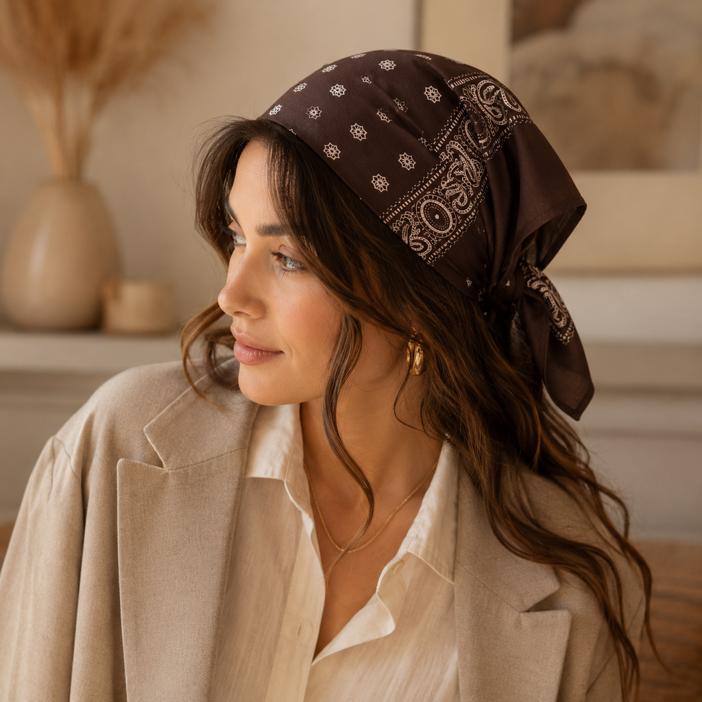 A woman wearing a dark brown bandana headscarf with a white paisley pattern, styled with a beige blazer and white shirt in a warm, softly lit indoor setting.
