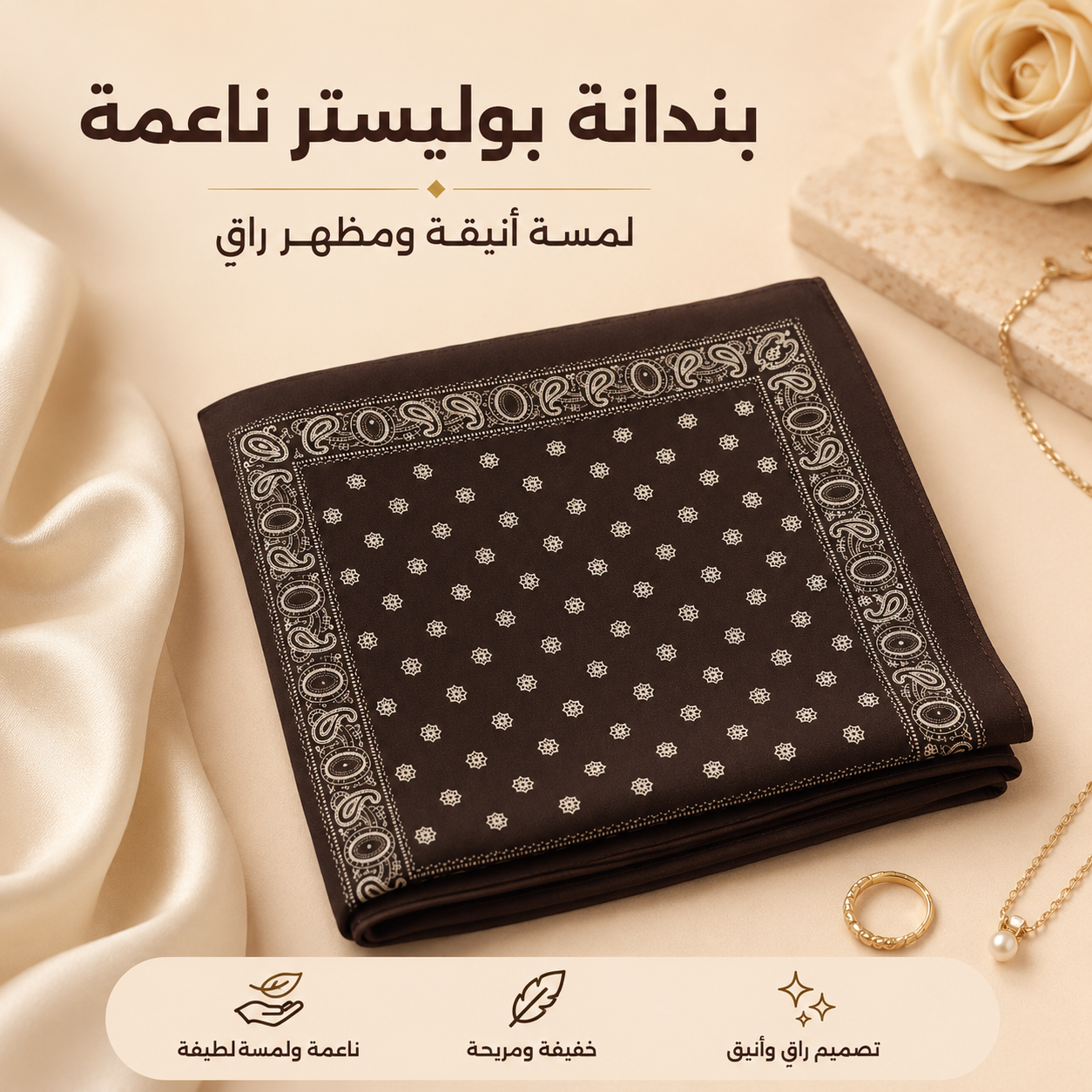 A folded black bandana-style pocket square with a white floral pattern and ornate border, displayed on a beige surface with decorative props including satin fabric, a rose, jewelry, and Arabic promotional text.