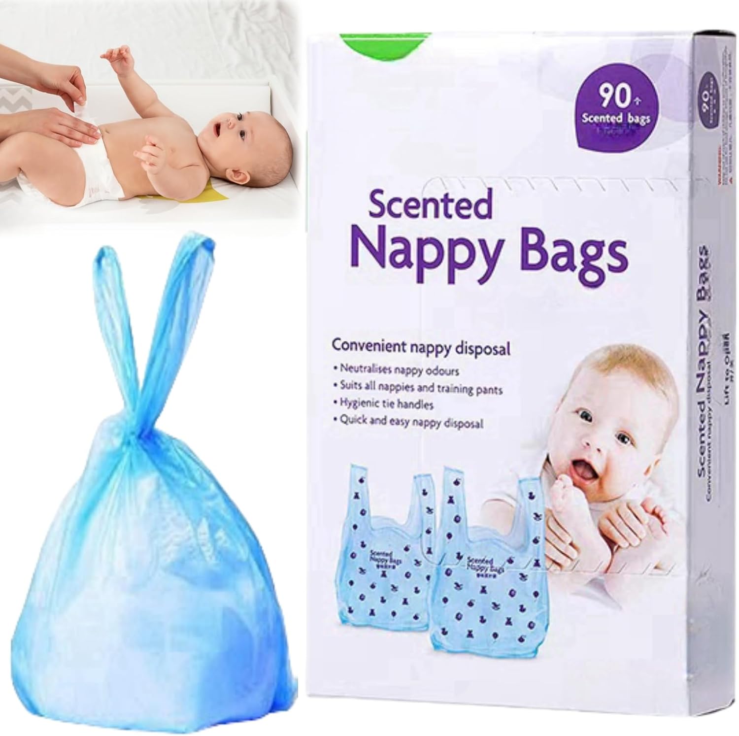 Box of scented nappy bags next to a blue translucent nappy bag, with a small lifestyle photo of a baby wearing a nappy bag in the top left.