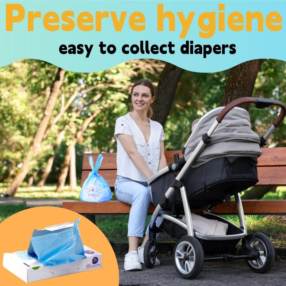 A woman sits on a wooden park bench next to a stroller, with a box of easy-to-collect diapers and a blue diaper bag beside her. Large text at the top reads 'Preserve hygiene easy to collect diapers'.
