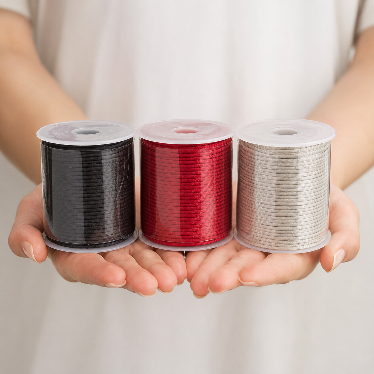 Three spools of thin cord or thread in black, red, and silver, held in two hands against a soft light gray background.