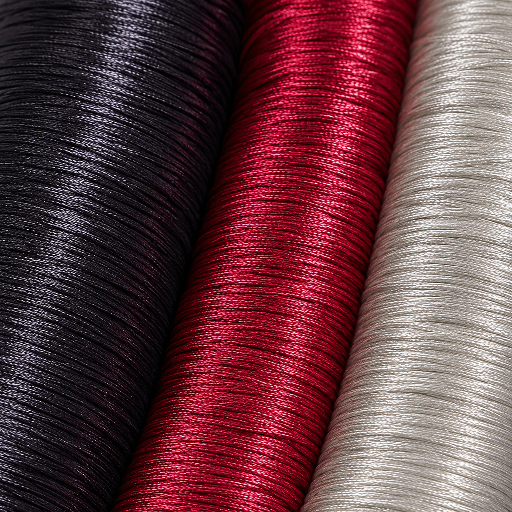 Three close-up views of tightly wound thread or cord spools in black, bright red, and light silver-gray, filling the frame.
