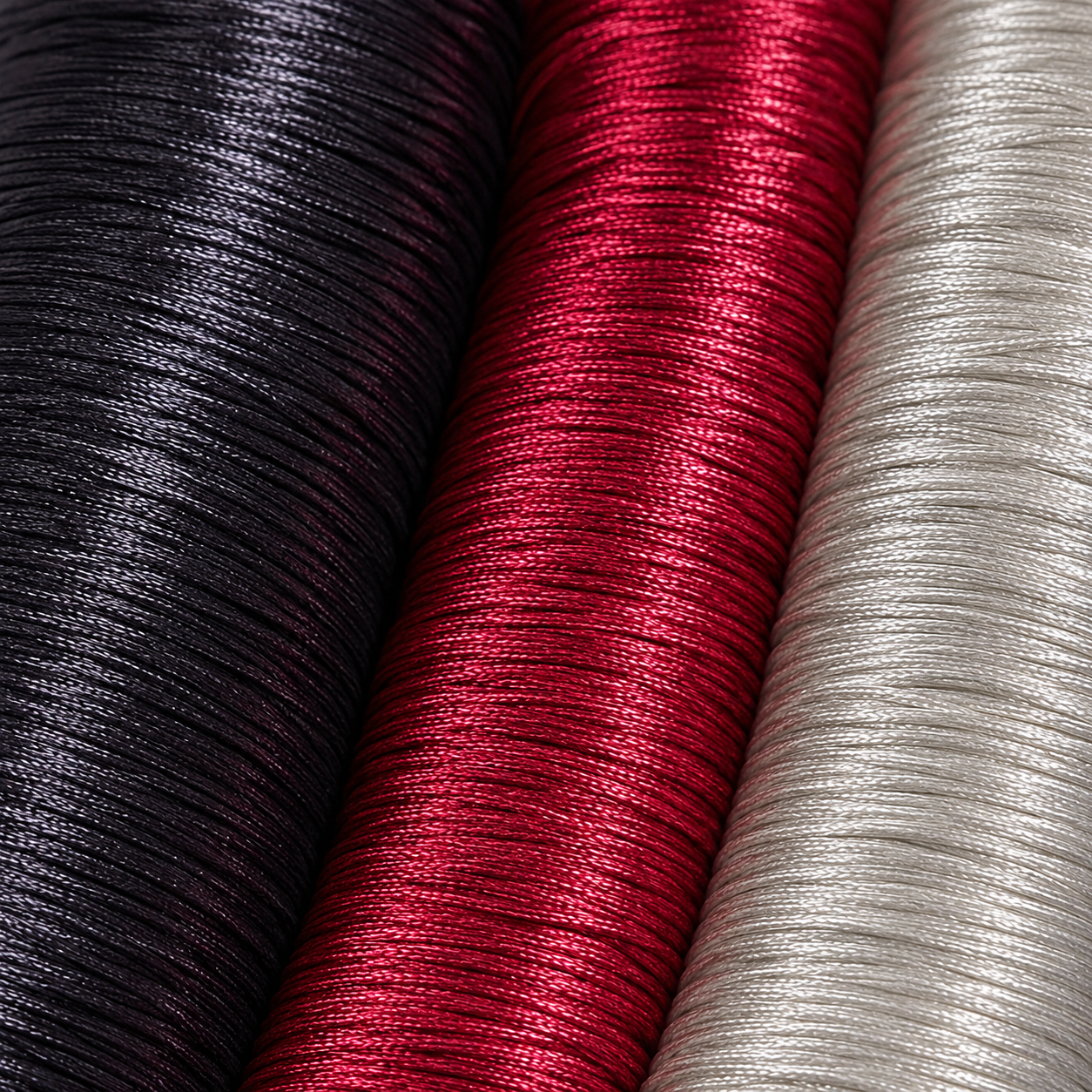 Three close-up views of tightly wound thread or cord spools in black, bright red, and light silver-gray, filling the frame.
