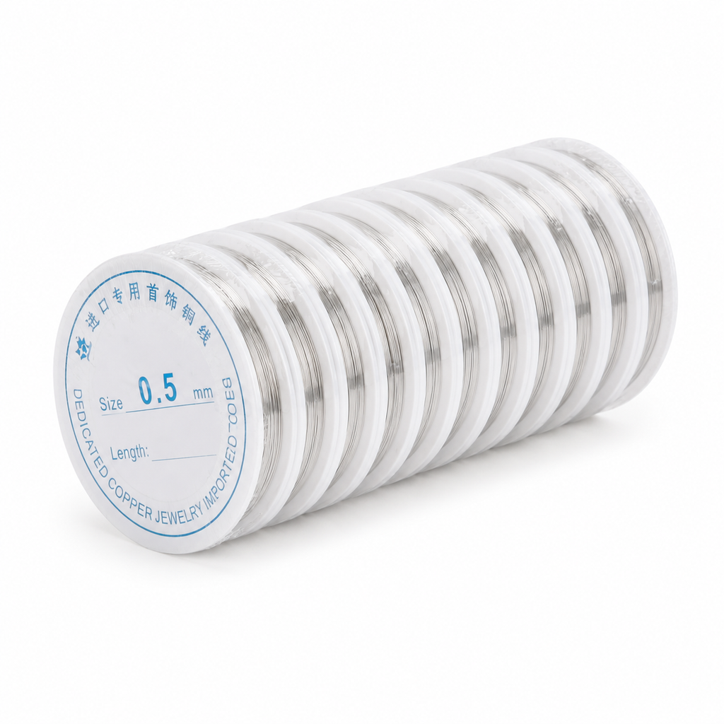 A spool of silver-colored copper jewelry wire, 0.5 mm in diameter, shown on a clean white background.