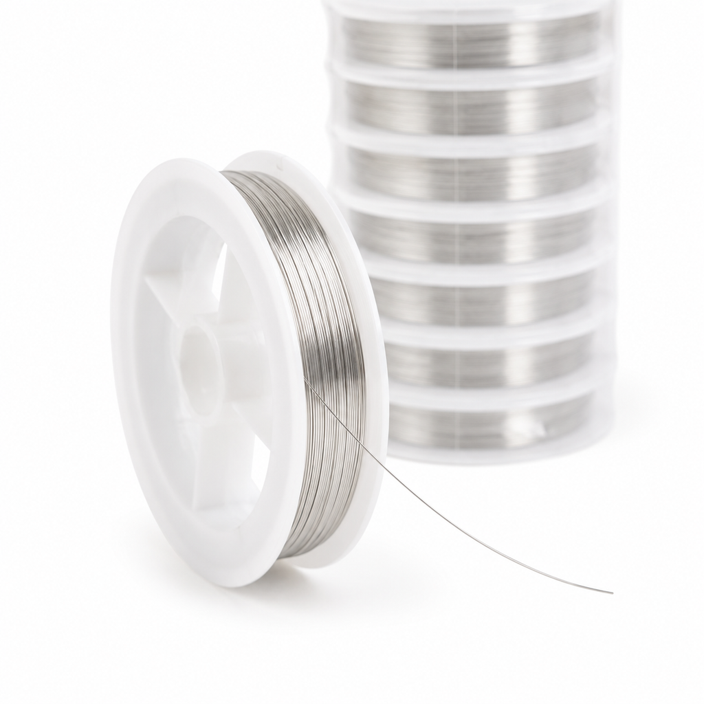 A spool of thin silver metal wire in the foreground with a stack of similar spools blurred in the background on a white studio background.