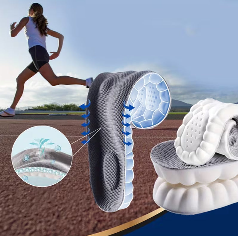 A pair of gray and white athletic shoe inserts shown with a runner in the background, plus close-up inset diagrams explaining cushioning and breathability.