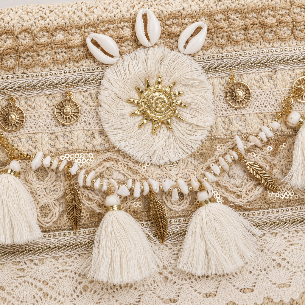 Close-up of a bohemian-style clutch or handbag featuring cream and beige embroidery, cowrie shells, gold-tone sunburst medallions, tassel charms, and lace detailing.