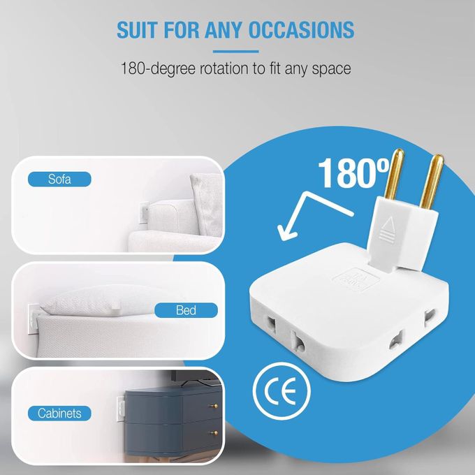 180 Degree Swivel Socket Converter Compact Power Adapter for Home, Office & Travel - White