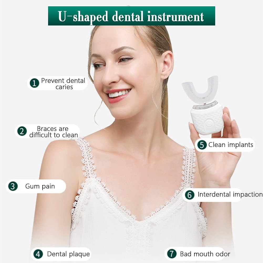 Woman holding a U-shaped dental instrument with text highlighting its uses.